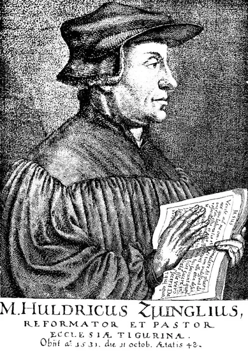 Framed Print : M. Huldricus Zuinglius, Huldrych Zwingli (1484, 1531) after a copperplate engraving, portrait, Swiss theologian, reformer of Zurich, pastor, book, gown, historical illustration 1883