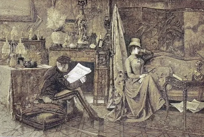 Framed Print : Madame Sulking, Couple, He is Reading the Newspaper and She is Sitting on the Sofa and is Offended