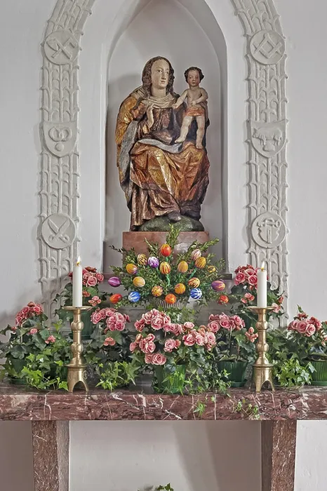Framed Print : Madonna figure with Infant Jesus and floral decoration Framed Print : Madonna figure with Infant Jesus and floral decoration