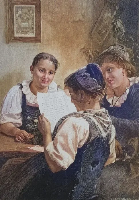 Framed Print : Maedchen liest mit Freundinnen einen Liebesbrief Framed Print : Maedchen liest mit Freundinnen einen Liebesbrief