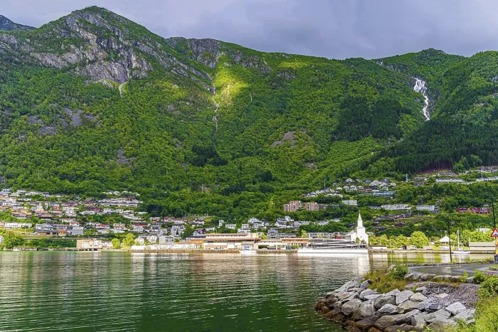 Framed Print : Magnificent Hardanger fjord between forested mountains