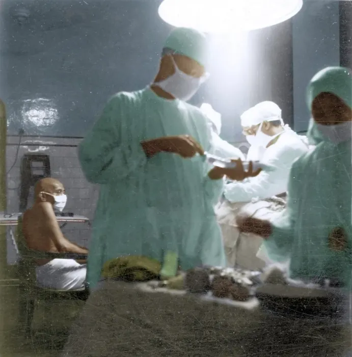 Framed Print : Mahatma Gandhi during appendicitis operation of granddaughter Manu, Bihar, India, Asia, May 15, 1947, Asia