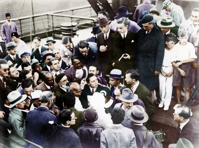 Framed Print : Mahatma Gandhi with journalists and friends at Marseilles, France, September 11, 1931, Europe