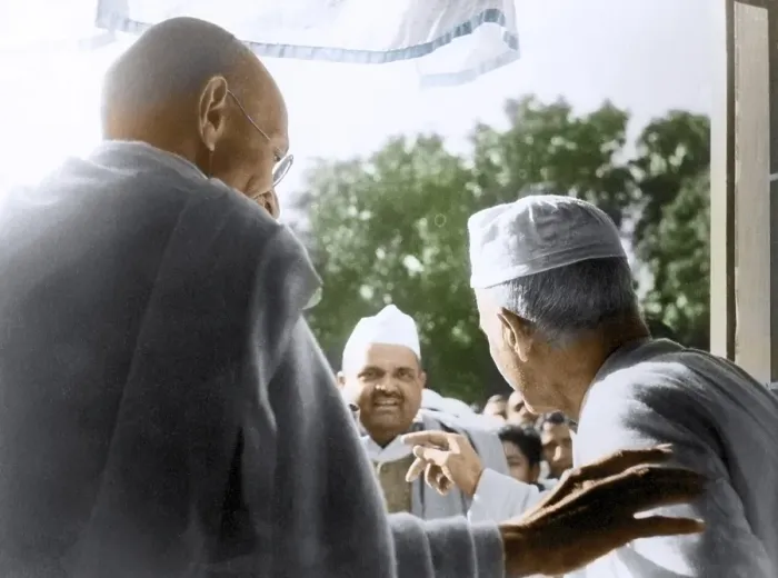 Framed Print : Mahatma Gandhi and Madan Mohan Malaviya looking out window, Varanasi, India, Asia, January 21, 1942, Asia