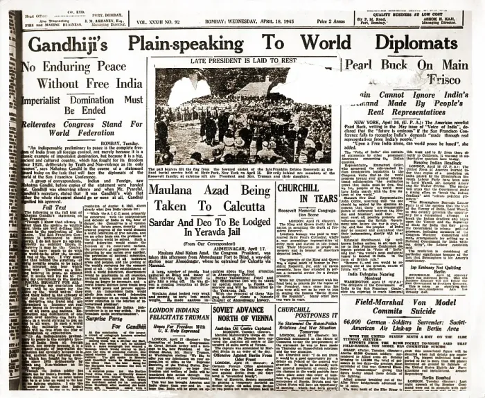 Framed Print : Mahatma Gandhi news on front page of newspaper, Mumbai, Maharashtra, India, Asia, April 18, 1945, Asia