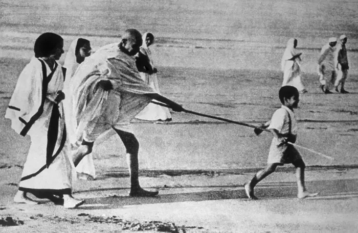 Framed Print : Mahatma gandhi poking grandson kanaa on juhu beach in mumbai at maharashtra, India, Asia, 1937, Asia