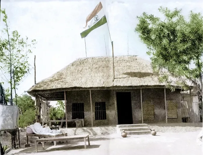 Framed Print : Mahatma Gandhi sitting in front of his hut, Assam, India, Asia, December 1946, Asia
