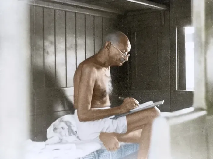 Framed Print : Mahatma Gandhi writing in train on way to Shimla, India, Asia, June 24, 1945, Asia