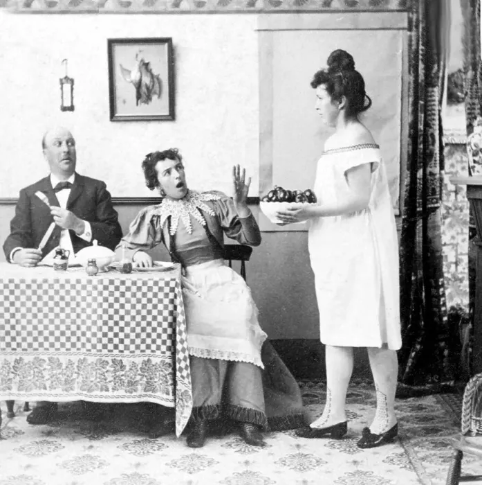 Framed Print : Maid in nightgown, outraged couple