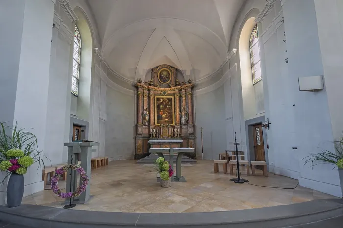 Framed Print : Main altar, the Roman Catholic neo-Romanesque parish church of Franz Xaver in Lochau is a listed building