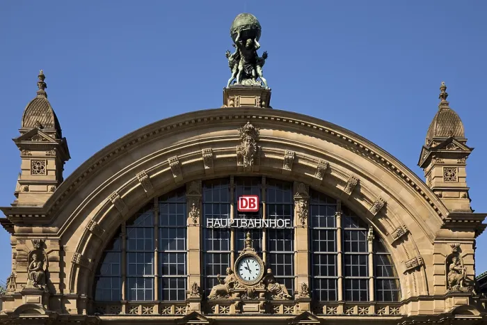 Framed Print : Main front of the main railway station with Atlas carrying the globe on his shoulders