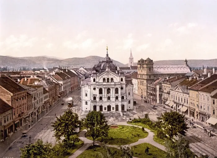 Framed Print : Main street and theatre of Kaschau, today KoTice, Hungary, Austro-Hungary, Austro-Hungarian Empire, Austrian-Hungarian Monarchy, today Slovakia, Historical, around 1900, digitally restored reproduction from a 19th century original Framed Print : Main street and theatre of Kaschau, today KoTice, Hungary, Austro-Hungary, Austro-Hungarian Empire, Austrian-Hungarian Monarchy, today Slovakia, Historical, around 1900, digitally restored reproduction from a 19th century original