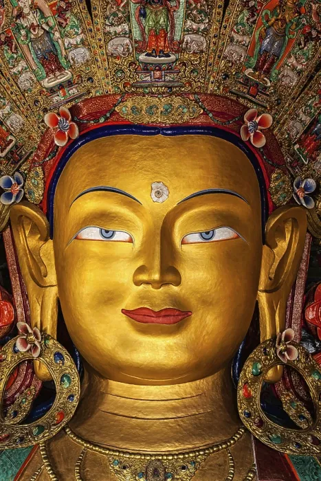 Framed Print : Maitreya Buddha statue face close up in Thiksey Gompa
