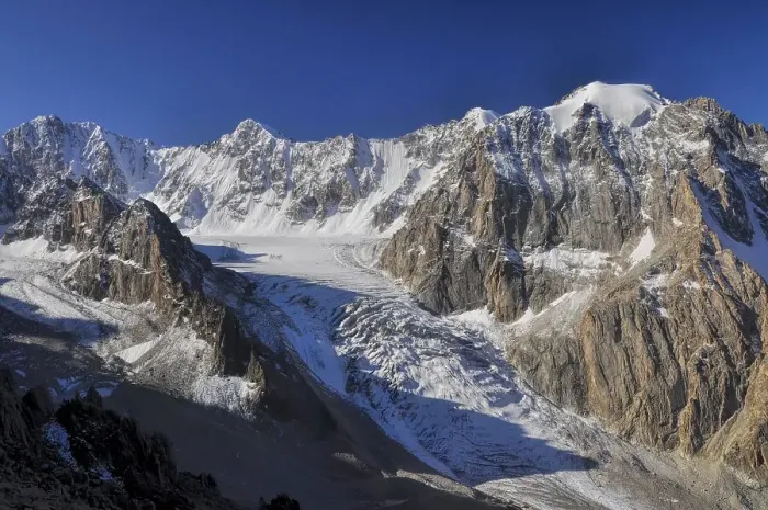 Framed Print : Majestic mountain peak and glacier in Tian Shan mountain range in Kyrgyzstan