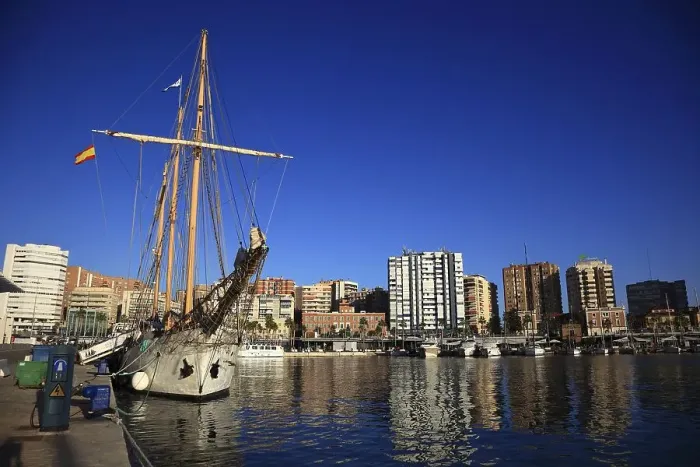 Framed Print : Malaga, sailing ship in the harbour at the pier