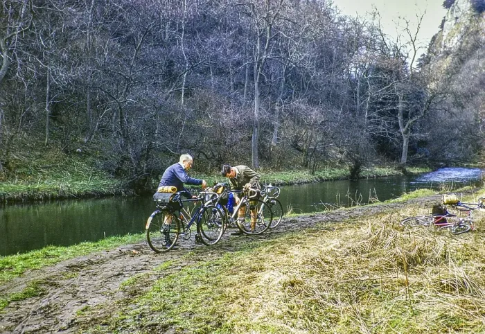 Framed Print : Two male cyclists tending to their bicycles on a muddy path by the River Dove, Dovedale, Peak District National Park, Derbyshire, England, Great Britain 1956 Framed Print : Two male cyclists tending to their bicycles on a muddy path by the River Dove, Dovedale, Peak District National Park, Derbyshire, England, Great Britain 1956