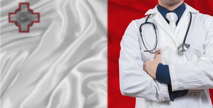 Framed Print : Male doctor with stethoscope on Malta flag Framed Print : Male doctor with stethoscope on Malta flag