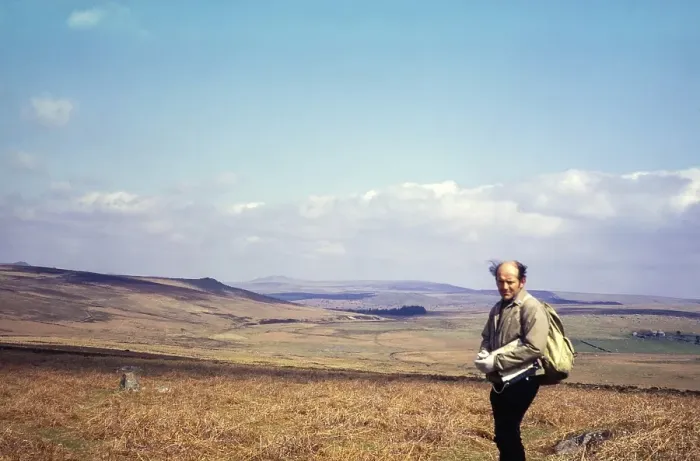 Framed Print : Male hiker on Ditsworthy Warren, Dartmoor National Park, Devon, England, UK 1972