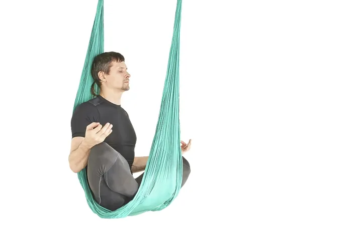 Framed Print : Male person do hammock yoga class exercise