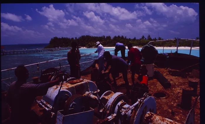 Framed Print : Male: A red freighter is sunk off Makafushi Island to form the basis for a coral reef