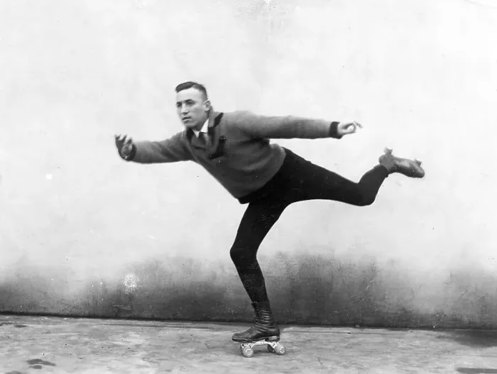Framed Print : Male roller skater, 1920s, exact location unknown Framed Print : Male roller skater, 1920s, exact location unknown