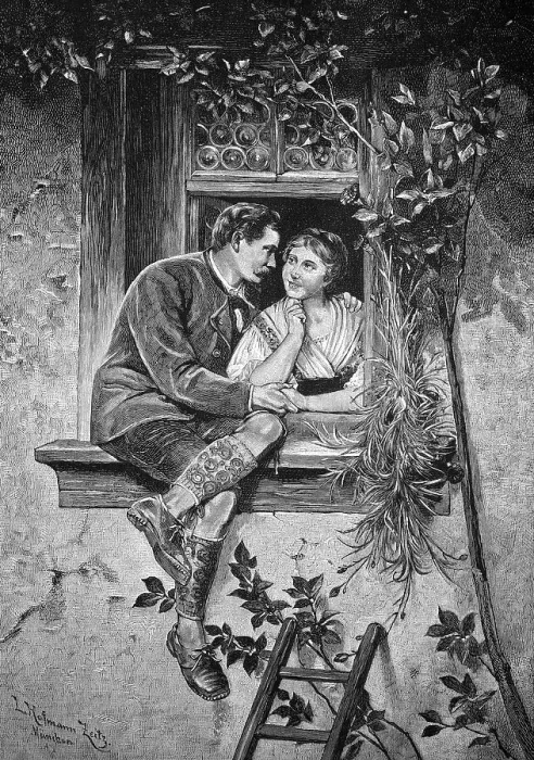 Framed Print : Man climbing up to his sweetheart's window Framed Print : Man climbing up to his sweetheart's window