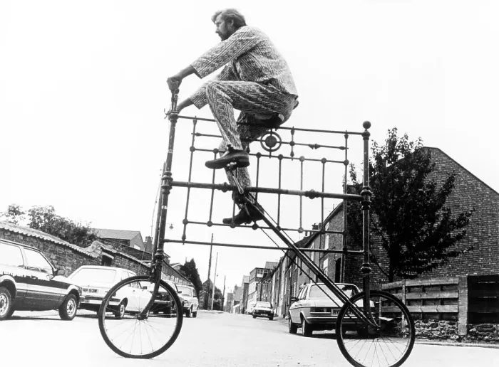 Framed Print : Man on curious big bike, England, Great Britain
