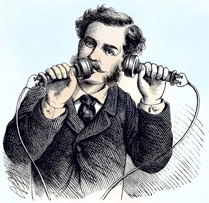 Framed Print : Man demonstrates the practical application of the phone