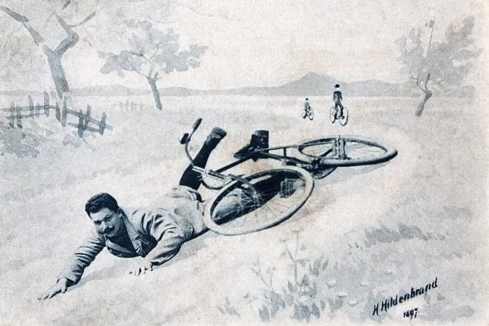 Framed Print : Man fallen off bike, historic postcard Framed Print : Man fallen off bike, historic postcard
