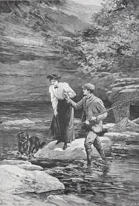 Framed Print : A man helps a woman to cross a river