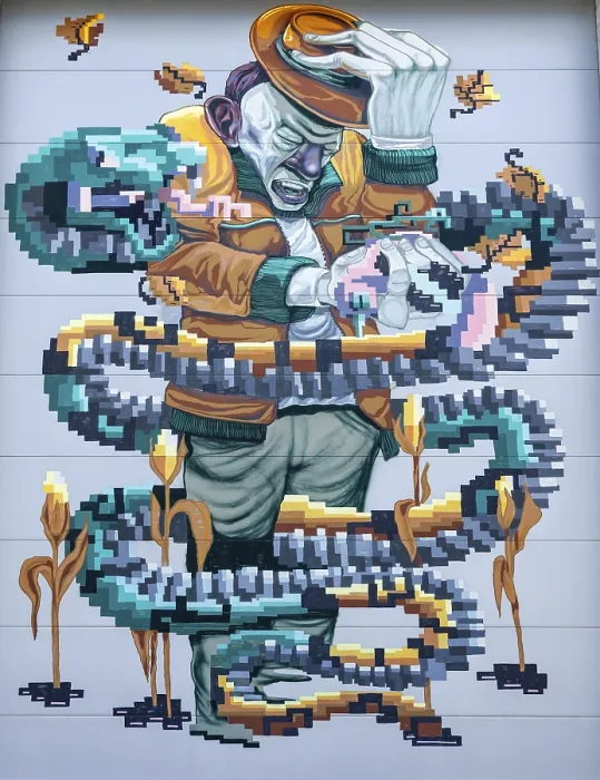 Framed Print : A man holding a hat, surrounded by pixelated snakes
