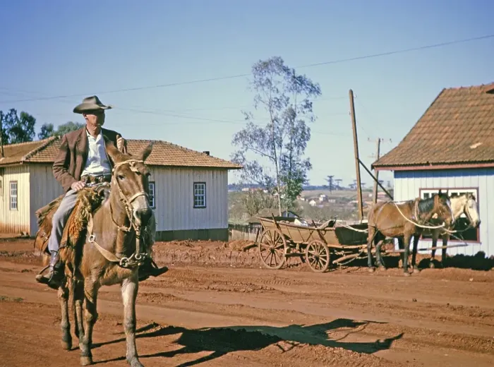 Framed Print : Man on horseback riding through the street in Laranjeiras do Sol, state of Parana, Brazil, 1962, South America Framed Print : Man on horseback riding through the street in Laranjeiras do Sol, state of Parana, Brazil, 1962, South America