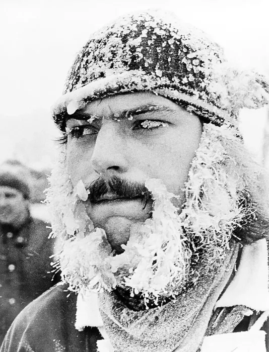 Framed Print : Man with icicle on his face ca Framed Print : Man with icicle on his face ca