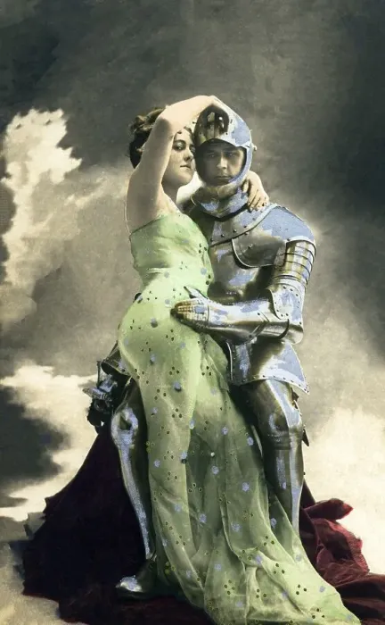 Framed Print : Man in knight's armour embracing a woman in a dress