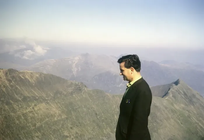 Framed Print : Man looking at the view from the summit of Mount Snowdon, Snowdonia, North Wales, Great Britain 1966