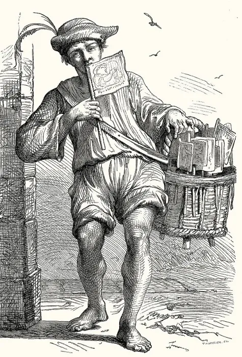 Framed Print : A man selling banner, Bologna, Northern Italy