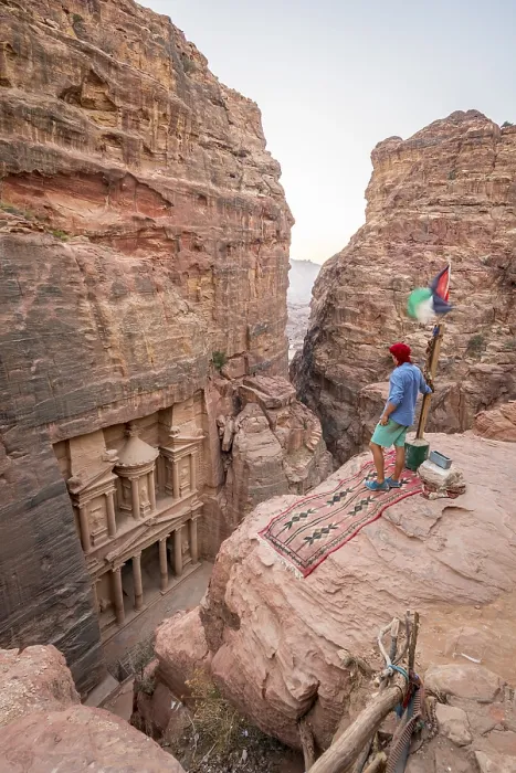 Framed Print : Man, tourist looks from above into the gorge Siq
