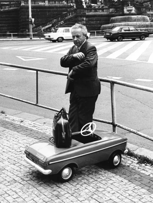 Framed Print : Man with toy car ca. 1970s, exact place unknown Framed Print : Man with toy car ca. 1970s, exact place unknown
