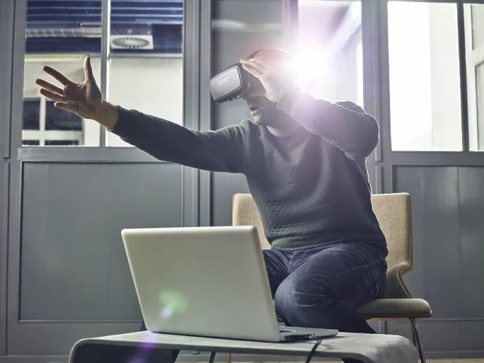 Framed Print : Man with VR goggles, virtual reality glasses Framed Print : Man with VR goggles, virtual reality glasses