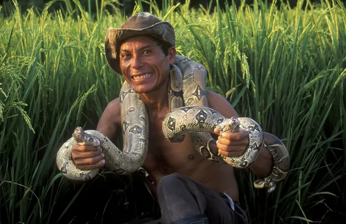 Framed Print : A man who runs a small private zoo near Iquitos on the Amazon shows two snakes