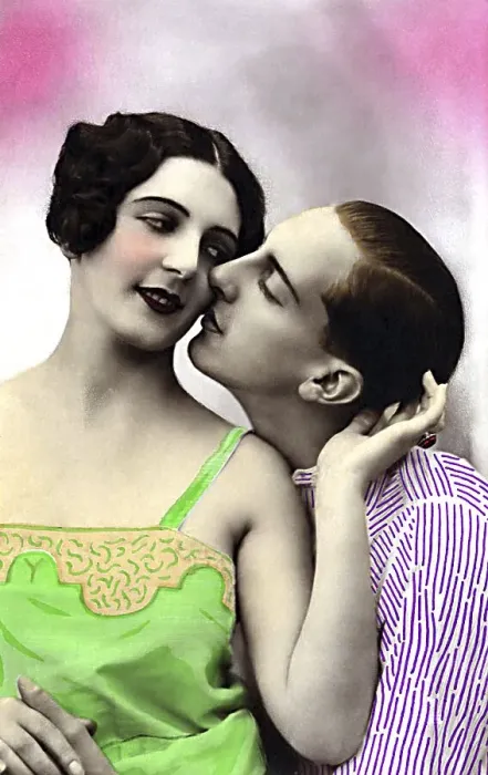 Framed Print : Man and woman, being in love, postcard picture