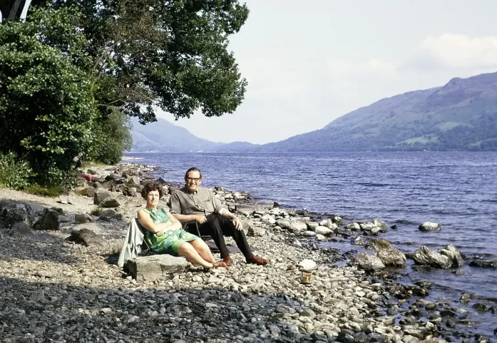 Framed Print : Man and woman sitting on the beach of Loch Earn, Perthshire, Scotland, 1968