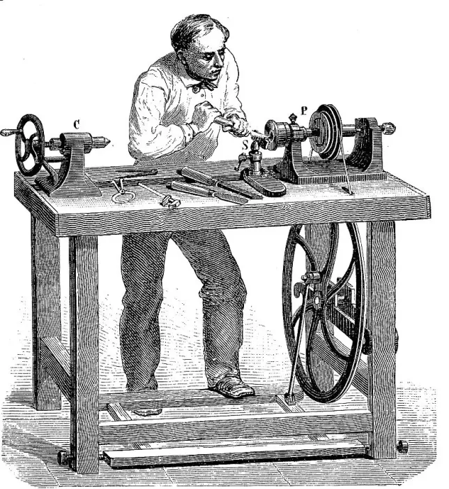 Framed Print : Man working at a lathe, lathe, for woodworking Framed Print : Man working at a lathe, lathe, for woodworking