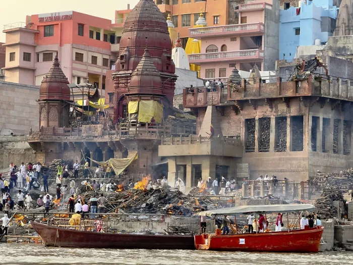 Framed Print : Manikarnika Ghat (cremation site) on the Ganges in Varanasi