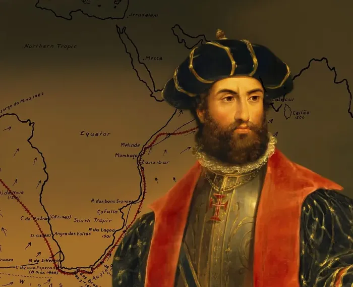 Framed Print : Map of the first voyage and portrait of Vasco da Gama Framed Print : Map of the first voyage and portrait of Vasco da Gama