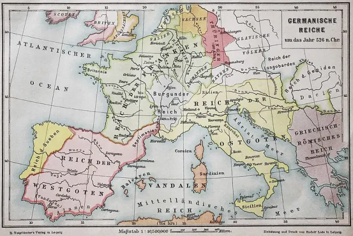 Framed Print : Map of the Germanic Empire around the year 526 AD