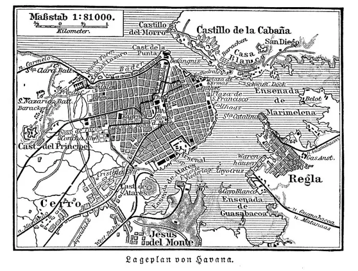 Framed Print : Map of Havana, an illustration from Meyers Konversations-Lexikon
