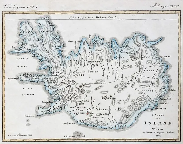 Framed Print : Map of Iceland, hand-coloured copperplate engraving from Friedrich Justin Bertuch Bilderbuch fuer Kinder