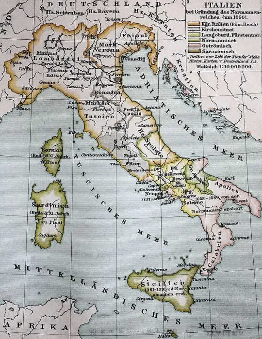 Framed Print : Map of Italy at the foundation of the Norman Empire around 1050