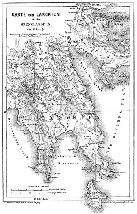 Framed Print : Map of Laconia, a historical and administrative region of Greece
